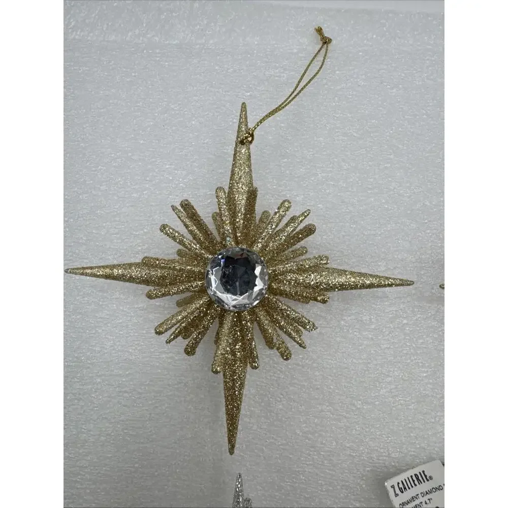 Set Of 4 Z Gallerie Diamond Eye Star Glitter 4.7” Ornaments 2 Silver 2 Gold 3D
